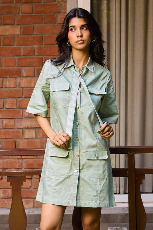 Sage Utility Shirt Dress