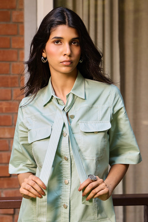 Sage Utility Shirt Dress
