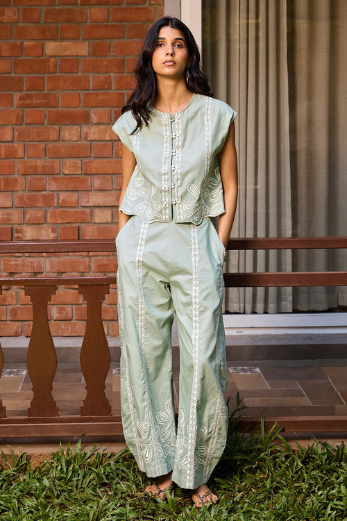 Sage Embroidered Cropped Jacket And Pants Set