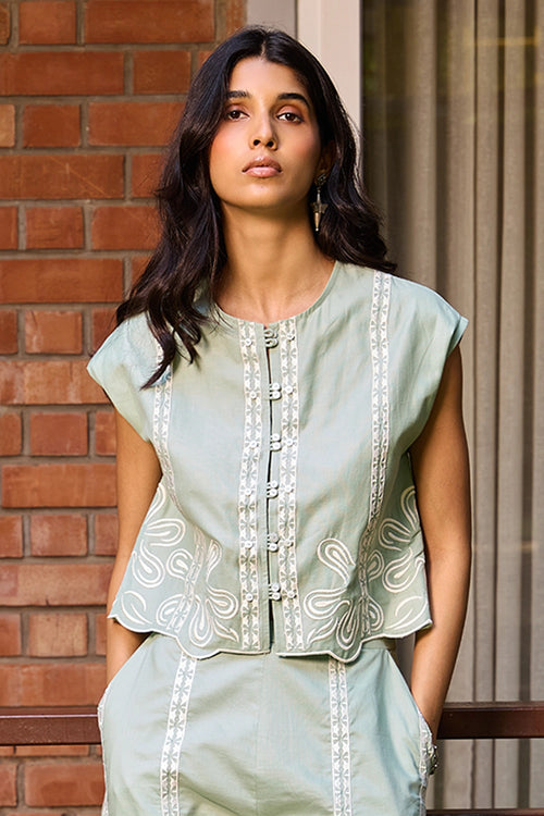 Sage Embroidered Cropped Jacket And Pants Set