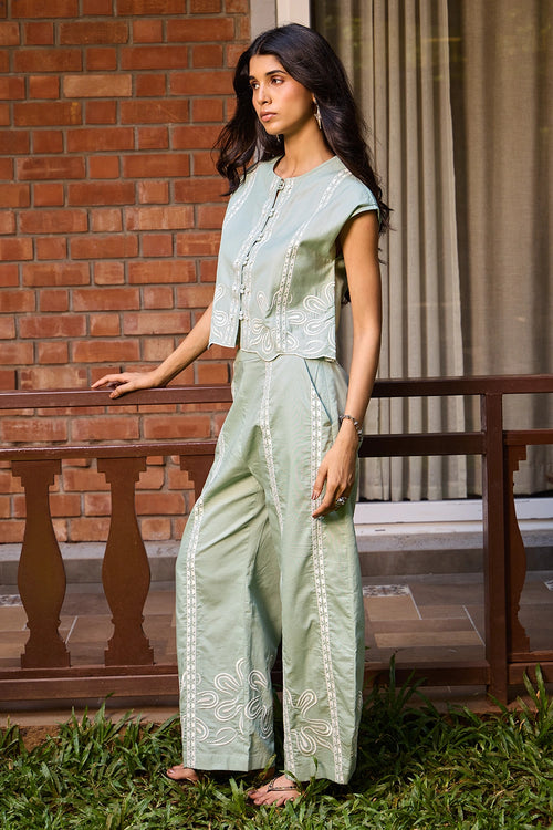 Sage Embroidered Cropped Jacket And Pants Set