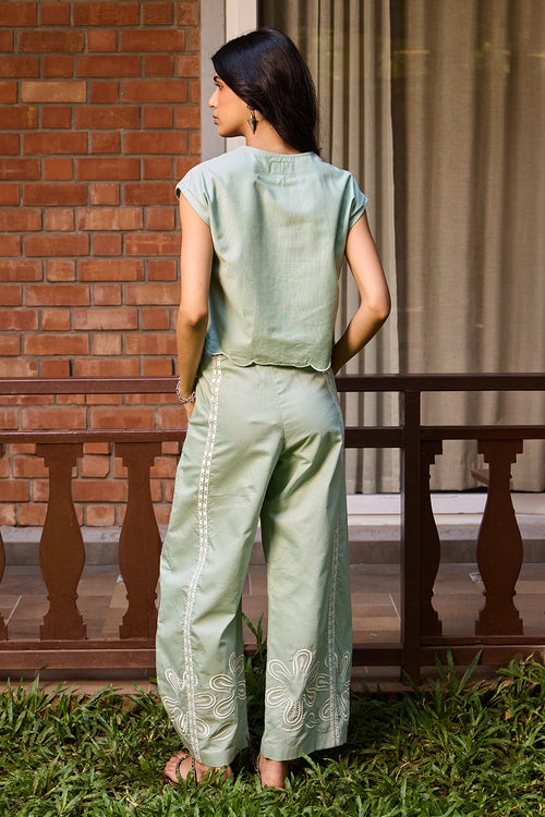 Sage Embroidered Cropped Jacket And Pants Set