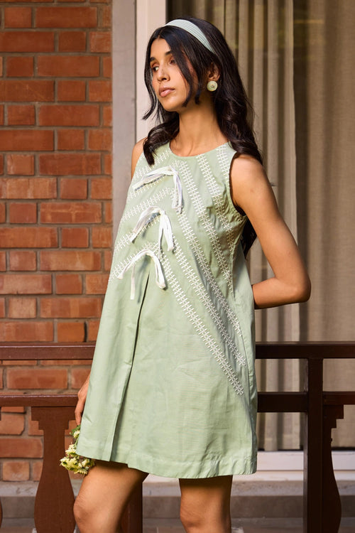 Sage Embroidered Bow Shift Dress