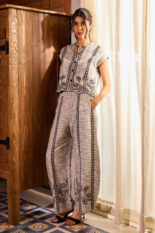 Summer Tweed Embroidered Cropped Jacket And Pants Set