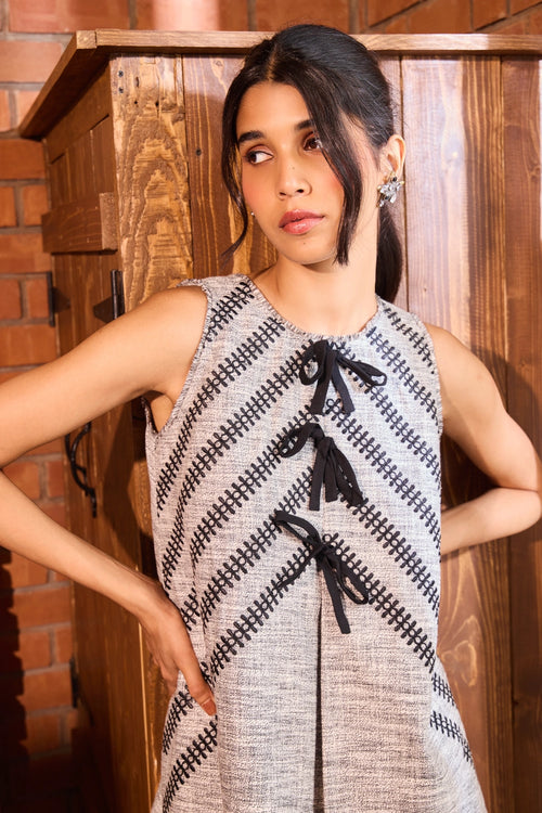 Summer Tweed Embroidered Bow Shift Dress