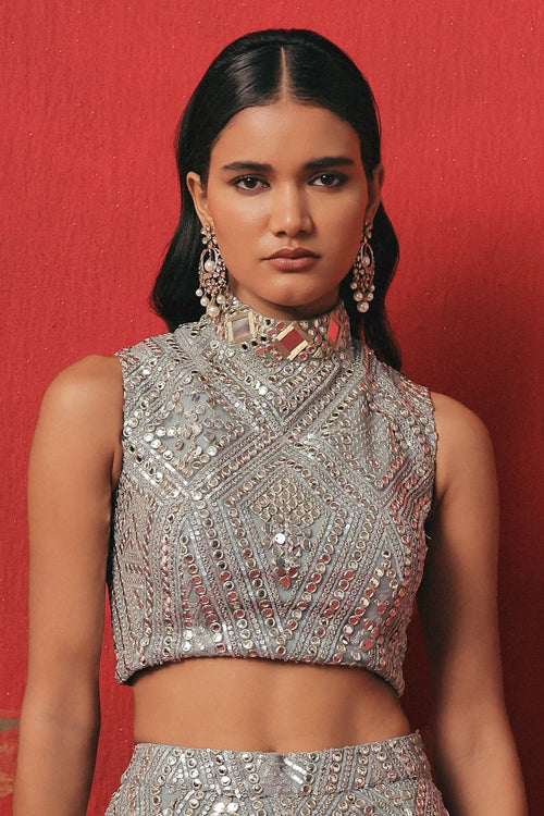 Muted Aqua Mirrorwork Crop Jacket Set
