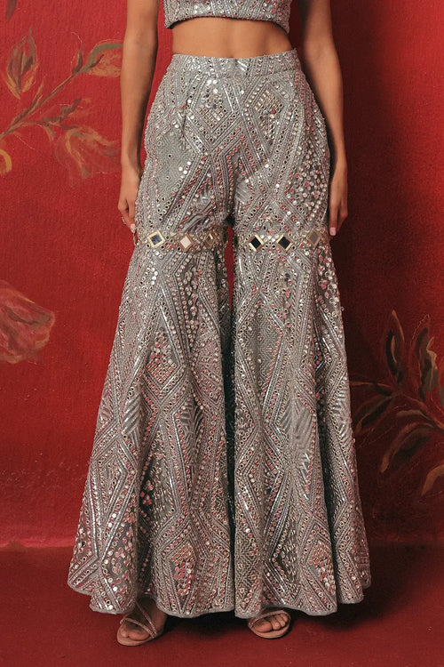 Muted Aqua Mirrorwork Crop Jacket Set