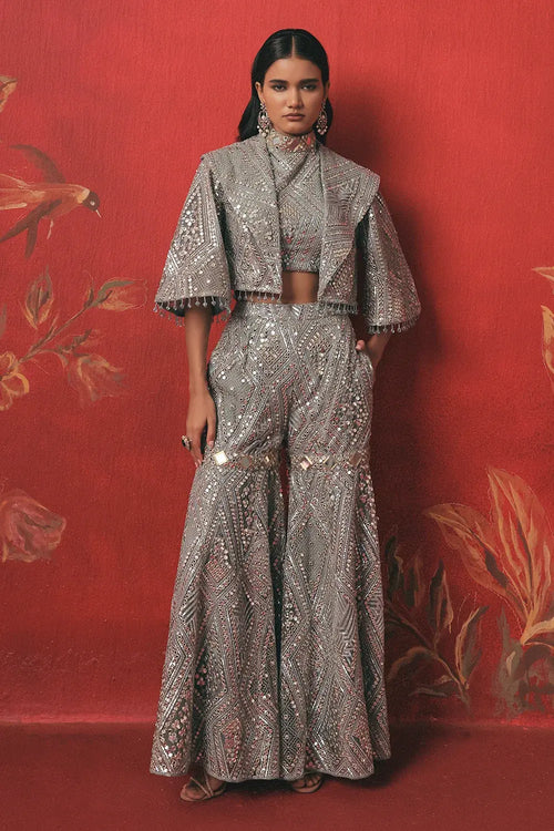 Muted Aqua Mirrorwork Crop Jacket Set