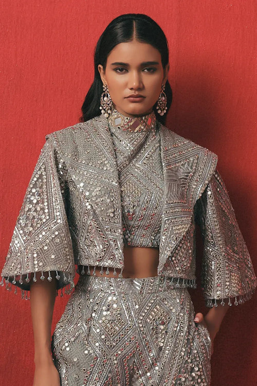 Muted Aqua Mirrorwork Crop Jacket