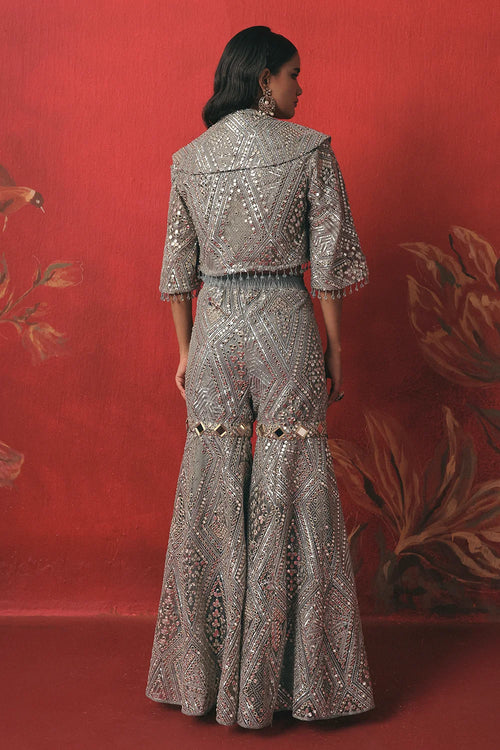 Muted Aqua Mirrorwork Crop Jacket Set
