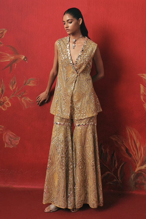 Citrus Yellow Mirrorwork Peplum Jacket Set