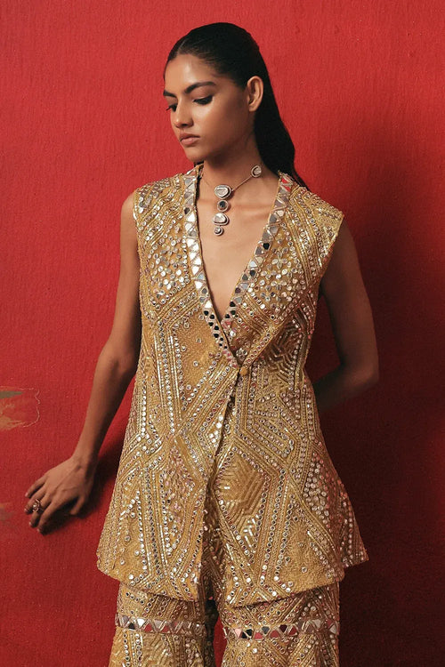 Citrus Yellow Mirrorwork Peplum Jacket