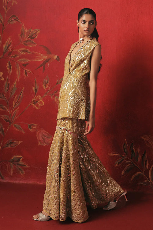 Citrus Yellow Mirrorwork Peplum Jacket Set