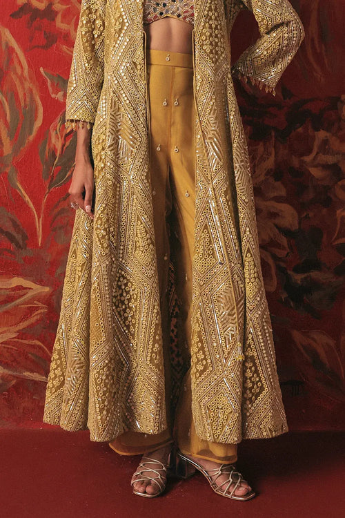 Citrus Yellow Mirrorwork Anarkali Jacket Set