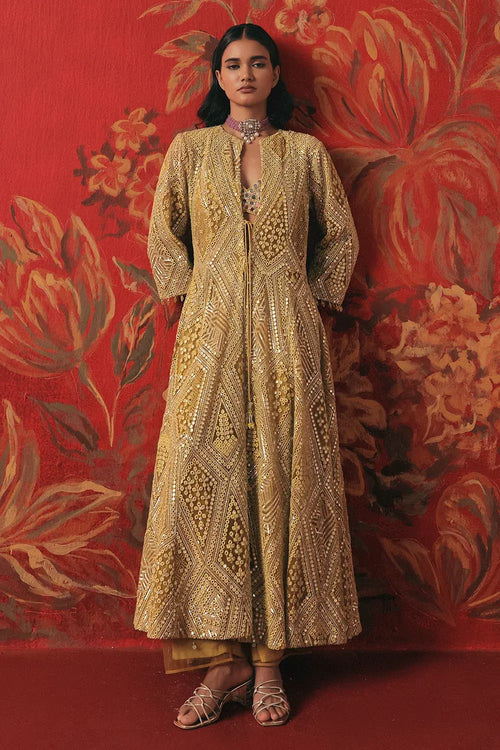 Citrus Yellow Mirrorwork Anarkali Jacket Set