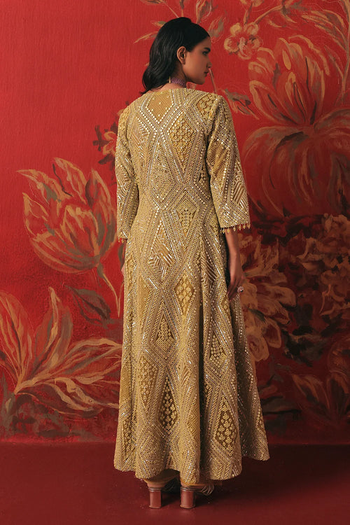 Citrus Yellow Mirrorwork Anarkali Jacket Set