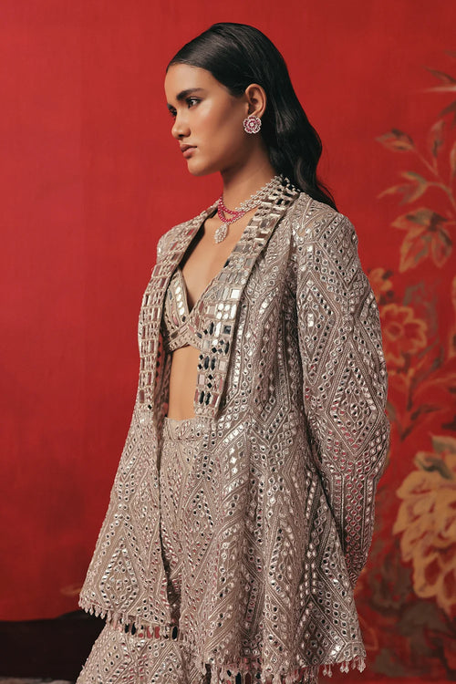 Pearl Silver Mirrorwork Peplum Jacket