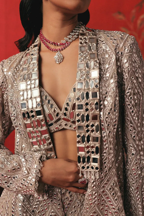 Pearl Silver Mirrorwork Peplum Jacket Set