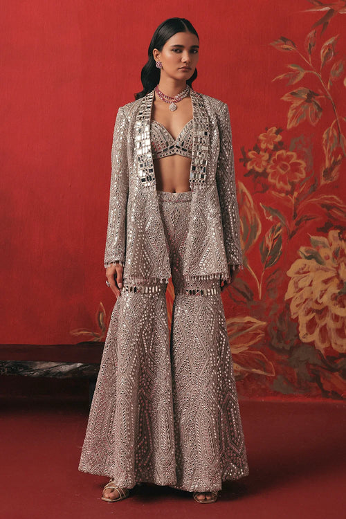 Pearl Silver Mirrorwork Peplum Jacket Set
