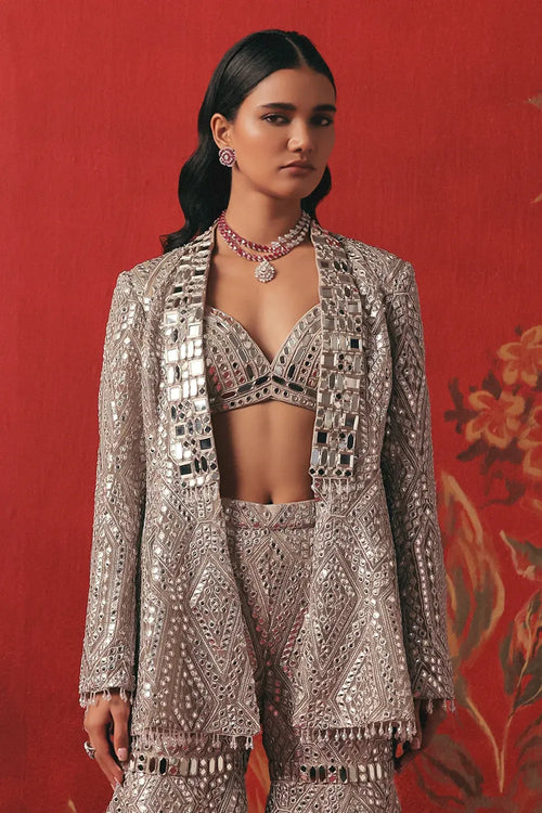 Pearl Silver Mirrorwork Peplum Jacket