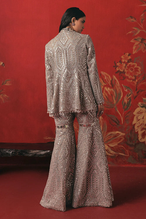 Pearl Silver Mirrorwork Peplum Jacket Set