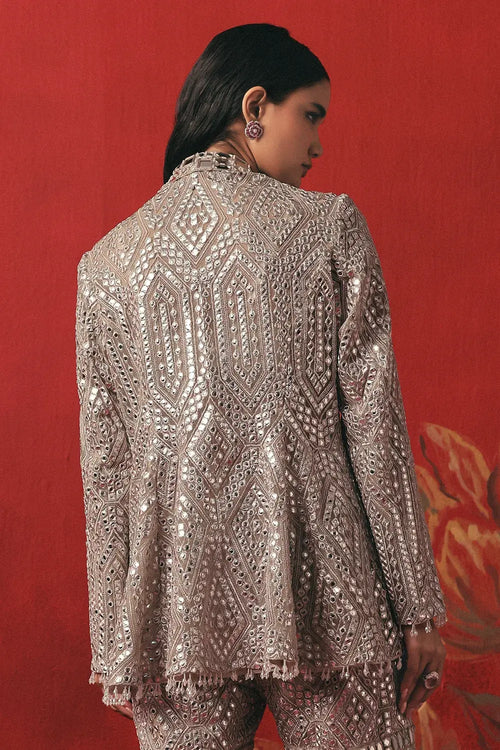 Pearl Silver Mirrorwork Peplum Jacket