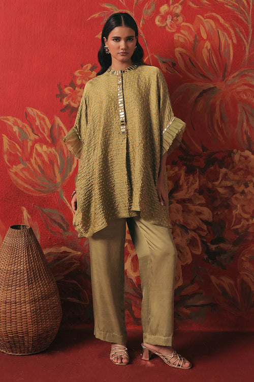 Sage Green Bandhani Ruffle Tunic Set