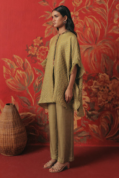 Sage Green Bandhani Ruffle Tunic Set
