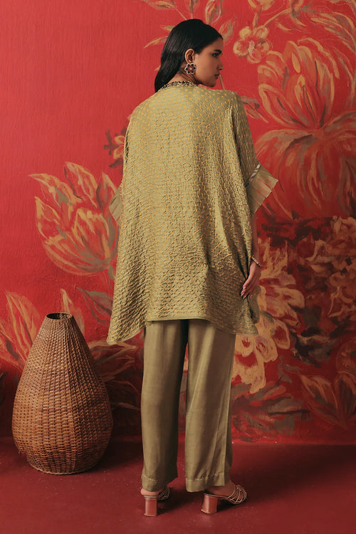 Sage Green Bandhani Ruffle Tunic Set