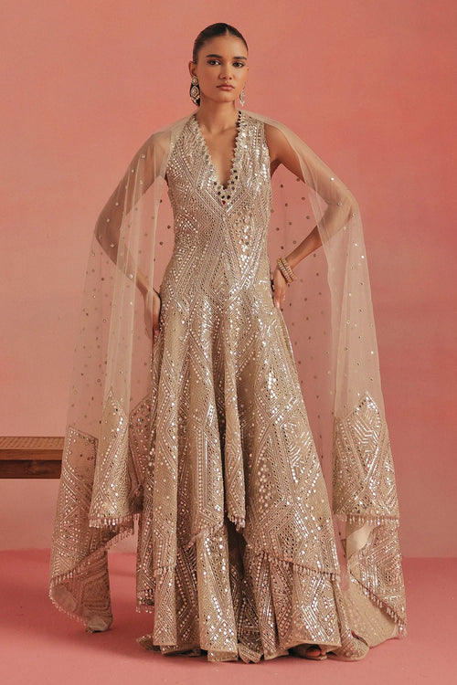 Natural Gold Mirrorwork Sherwani Set