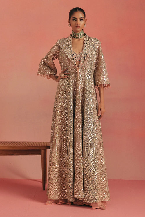 Dual Tone Mirrorwork Anarkali Jacket Set