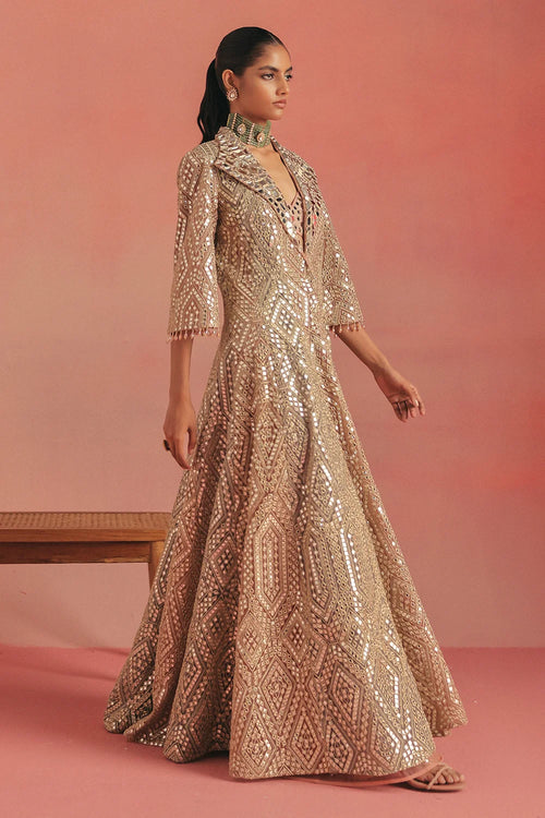 Dual Tone Mirrorwork Anarkali Jacket Set