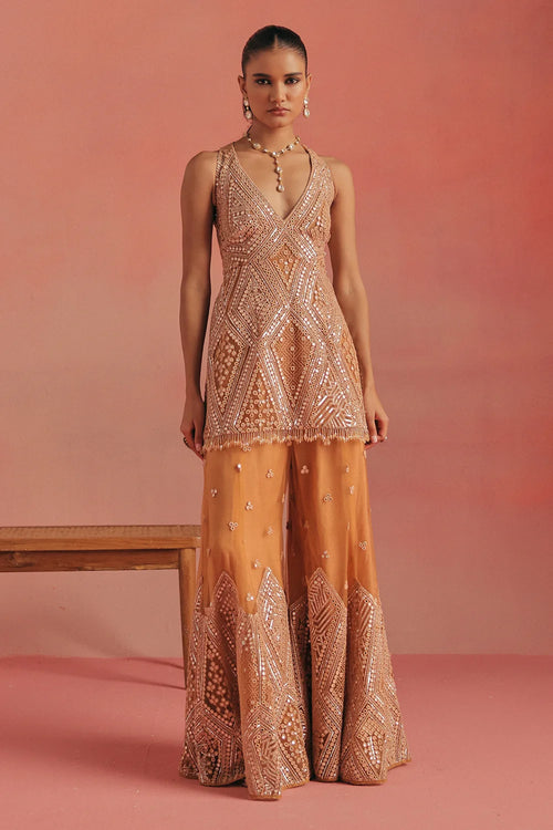 Apricot Glow Mirrorwork Peplum Set