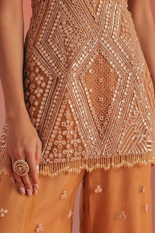Apricot Glow Mirrorwork Peplum Set