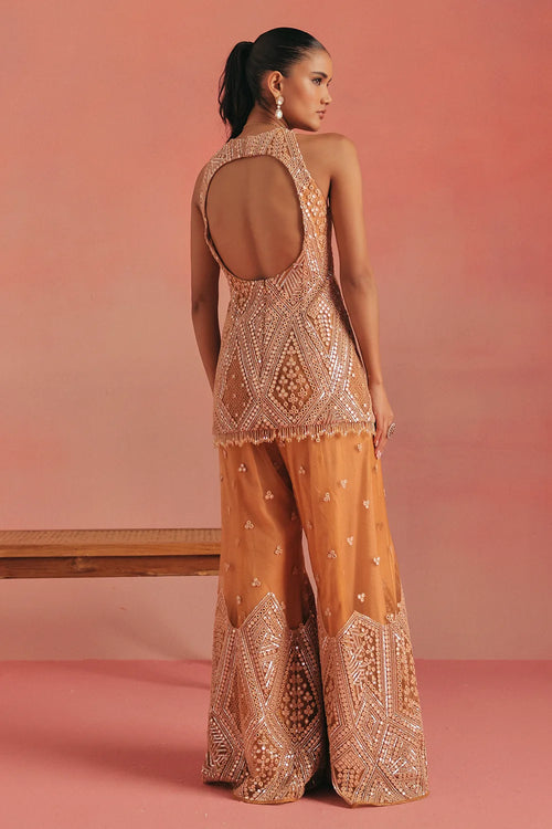 Apricot Glow Mirrorwork Peplum Set