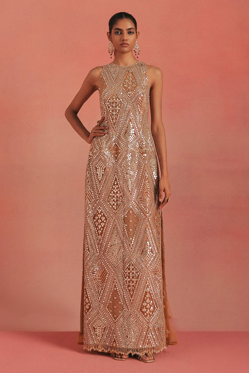 Apricot Glow Mirrorwork Dress Set