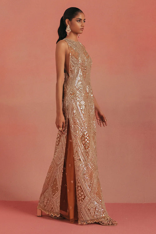 Apricot Glow Mirrorwork Dress Set