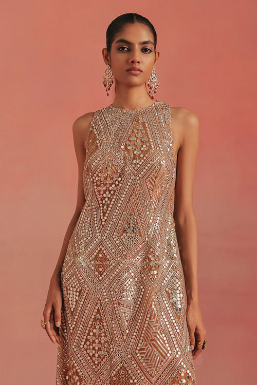 Apricot Glow Mirrorwork Dress Set