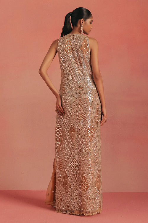 Apricot Glow Mirrorwork Dress Set