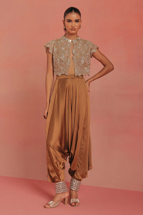 Natural Gold Mirrorwork Crop Jacket Set