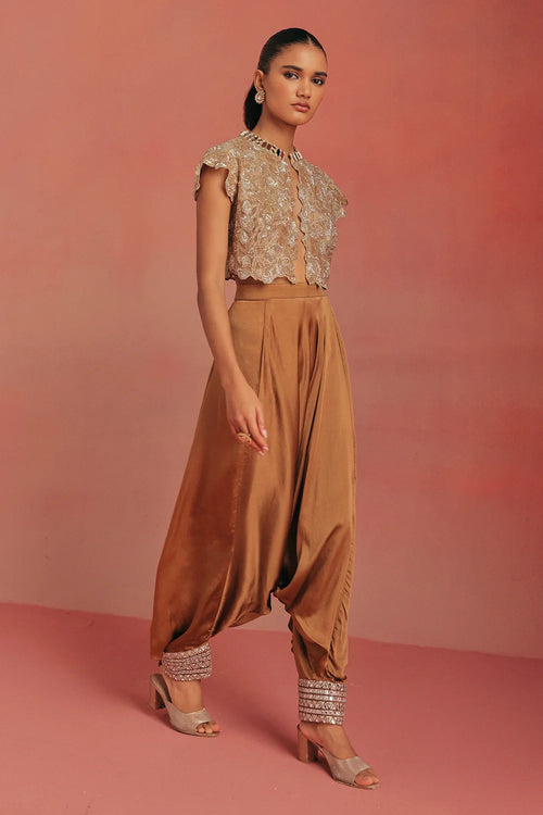 Natural Gold Mirrorwork Crop Jacket Set