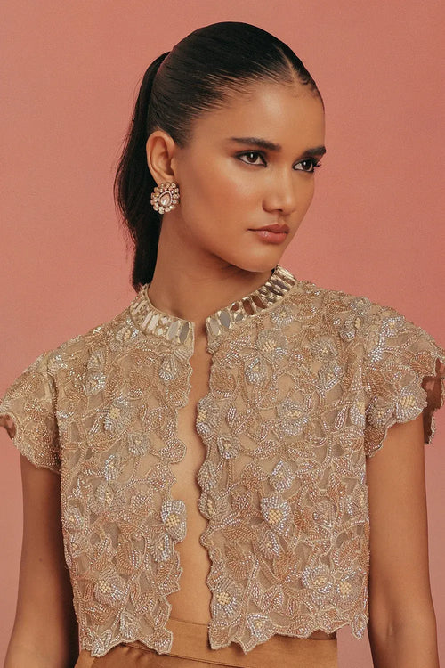 Natural Gold Mirrorwork Crop Jacket Set