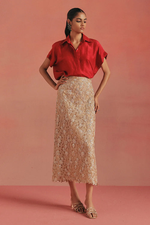 Maroon Silk Shirt And Pencil Skirt Set
