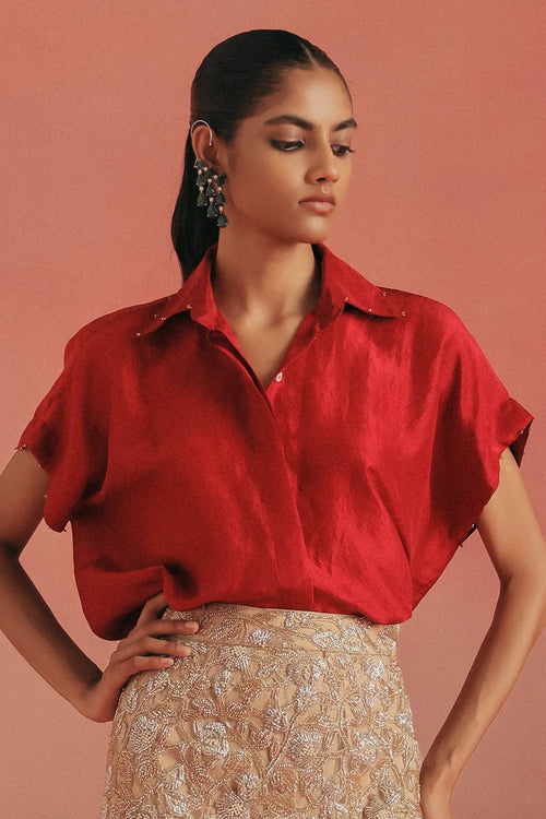 Maroon Silk Shirt And Pencil Skirt Set
