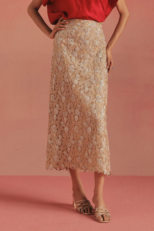 Natural Gold Embellished Pencil Skirt