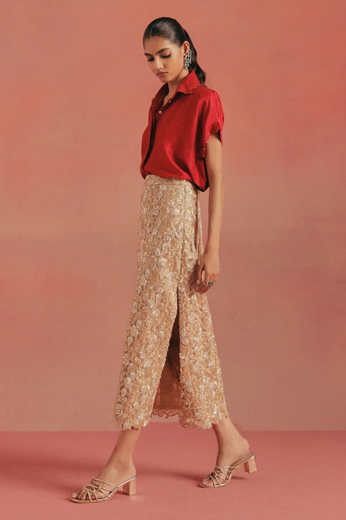 Maroon Silk Shirt And Pencil Skirt Set