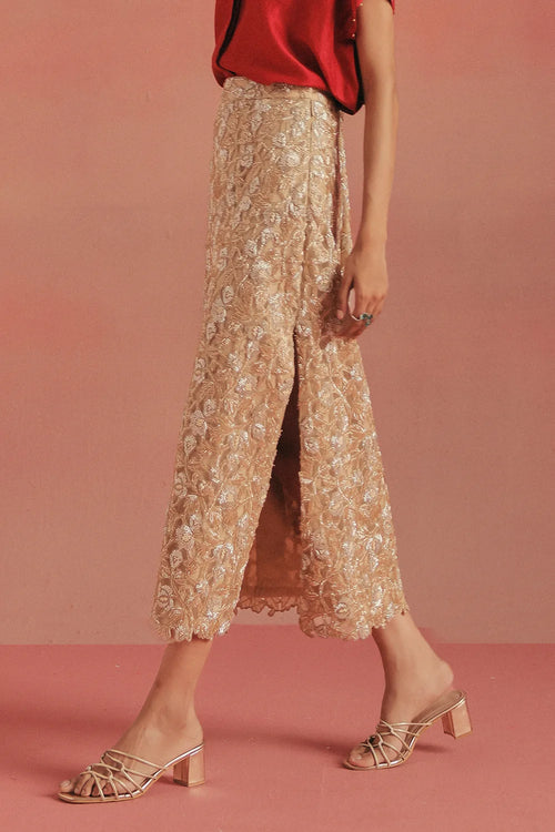 Natural Gold Embellished Pencil Skirt