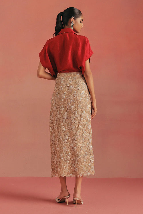 Maroon Silk Shirt And Pencil Skirt Set