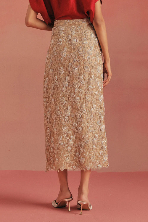 Natural Gold Embellished Pencil Skirt