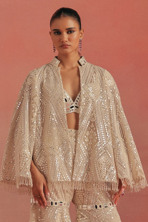 Ivory Mirrorwork Cape Sleeve Jacket